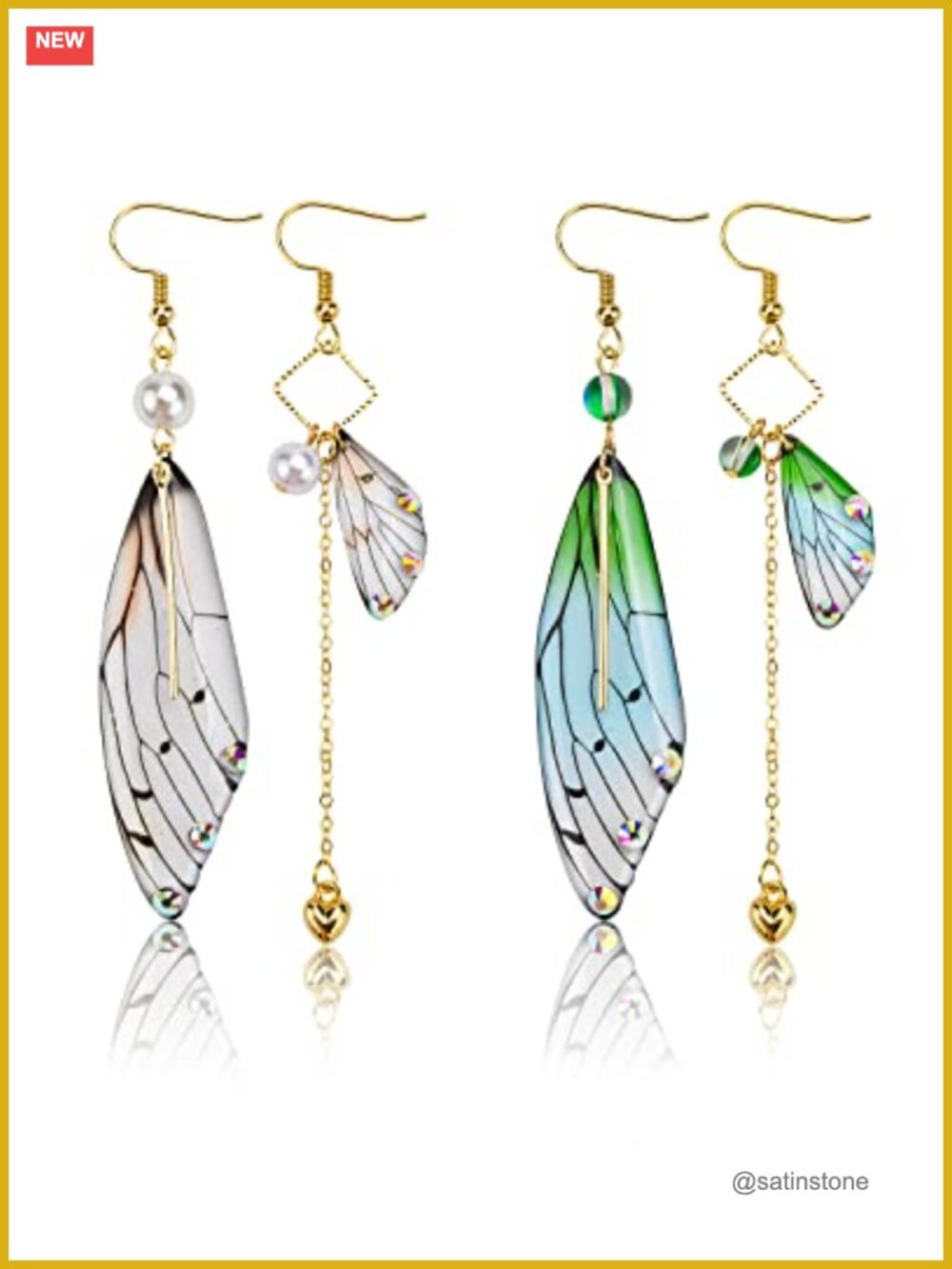 14K Plated Asymmetrical Butterfly Wing Drop Dangle Earrings Crystal Fairycore